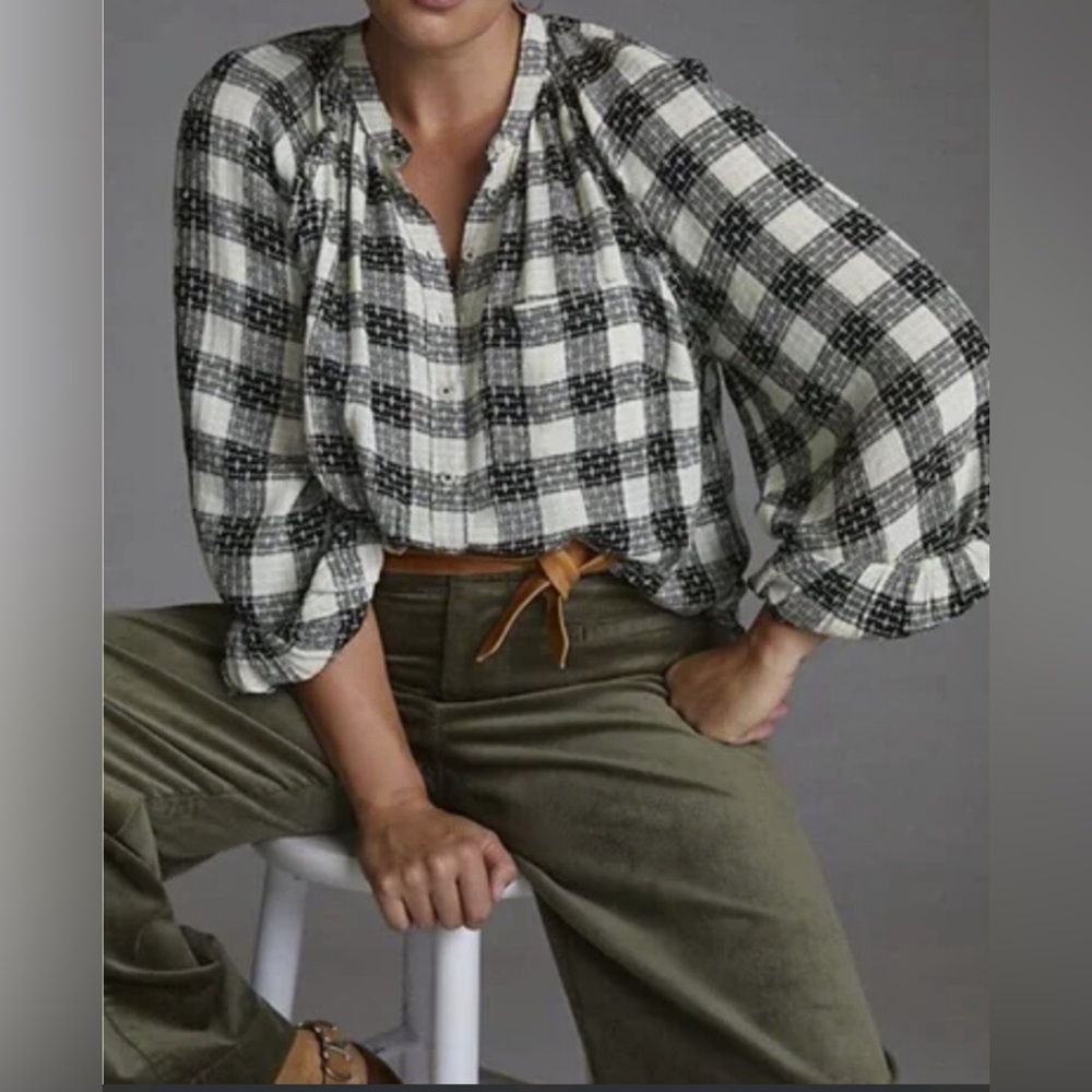 Anthropologie Pilcro Breezy Black White & Yellow Plaid Button Down Top.